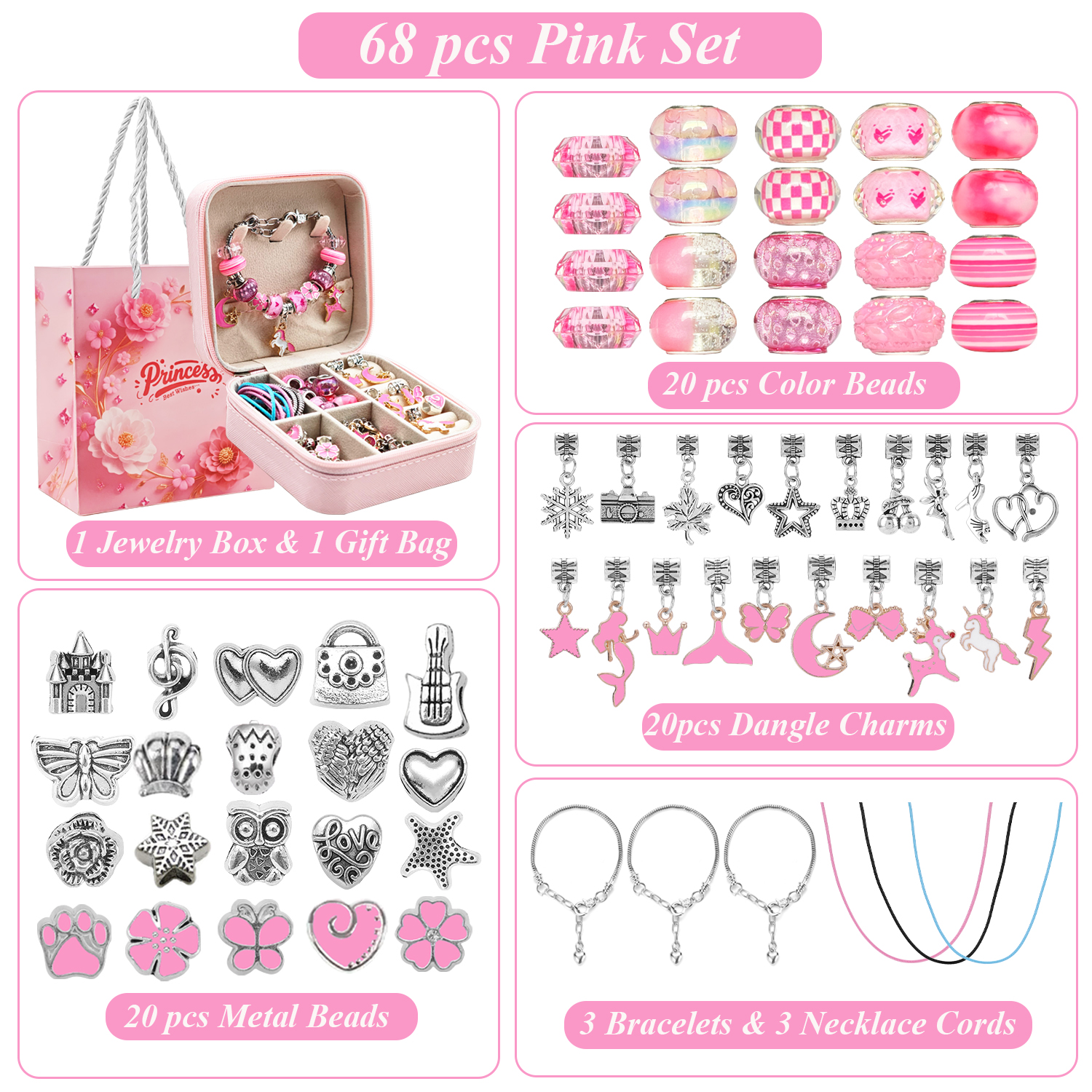 68pcs pink beaded jewelry set, - Women Accessories Gift Box บทวิจารณ์และราคา